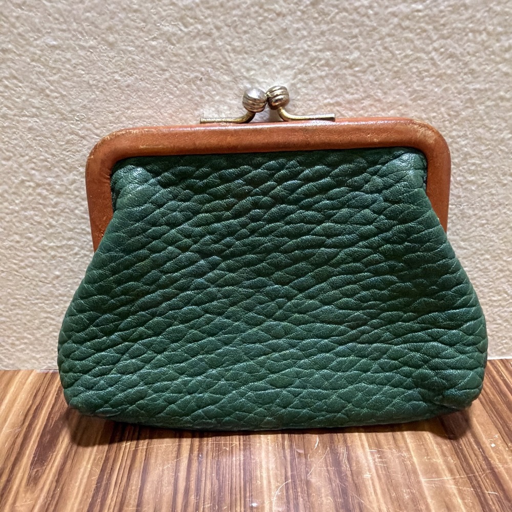 RARE Vtg DOONEY & BOURKE Green KISS LOCK CHANGE/COIN PURSE British Tan Trim - Picture 7 of 12